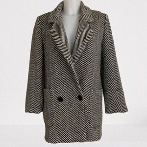 Vintage Black White Avon 100% Wool Herringbone Print Jacket Size 9/10